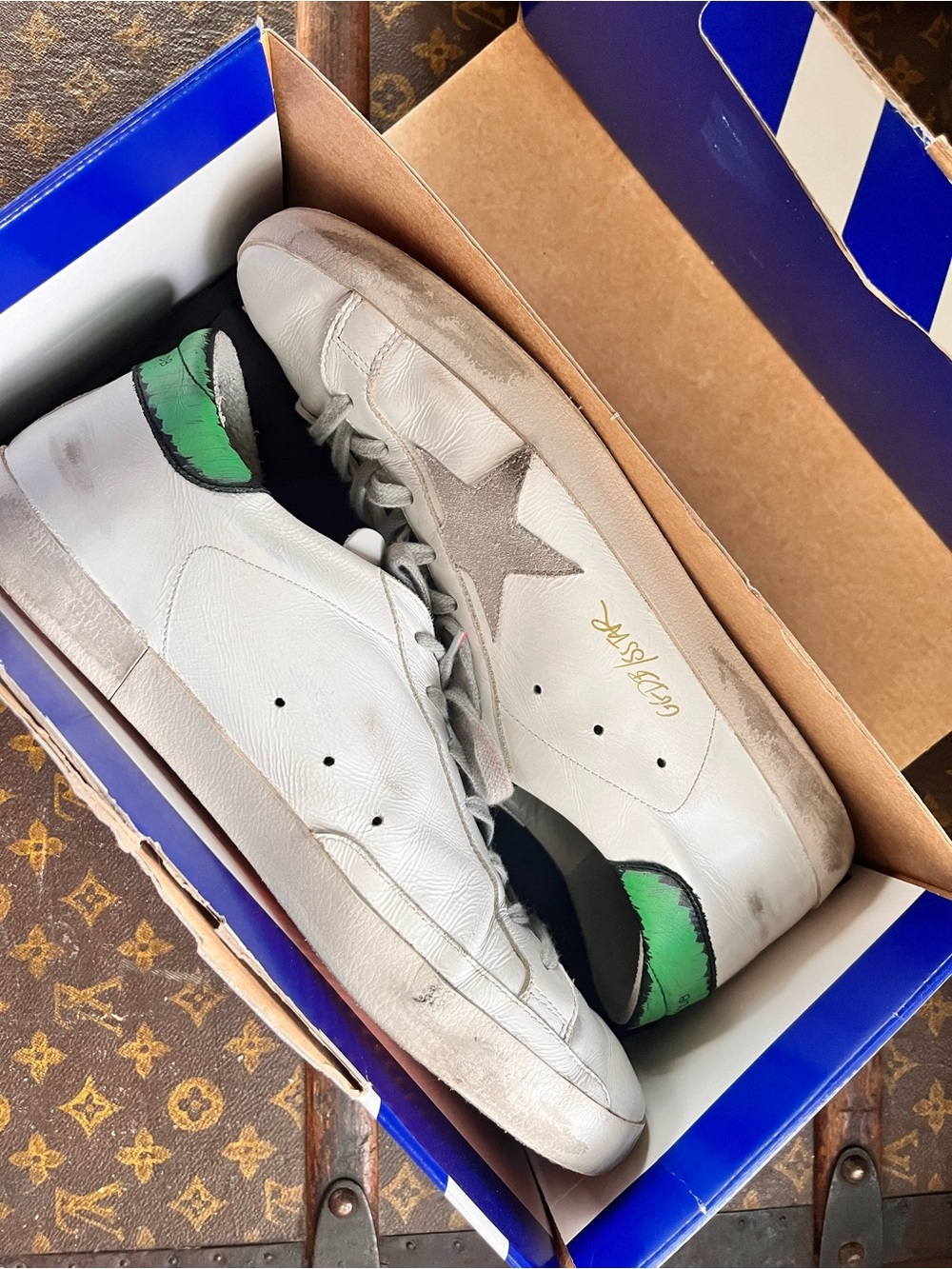 Golden Goose White Leather Sneakers with Green Heel Patch